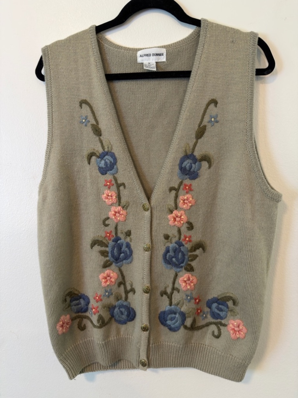 Alfred Dunner Floral Embroidered Cardigan Vest Size M Grey Wool Blend